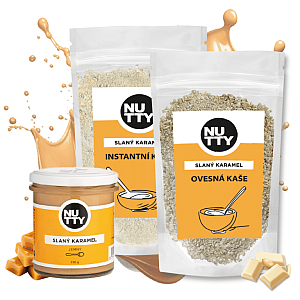 NUTTY sada: Slaný karamel 300 g + Instantná ryžová kaša Slaný karamel 300 g + Ovsená kaša Slaný karamel 370 g